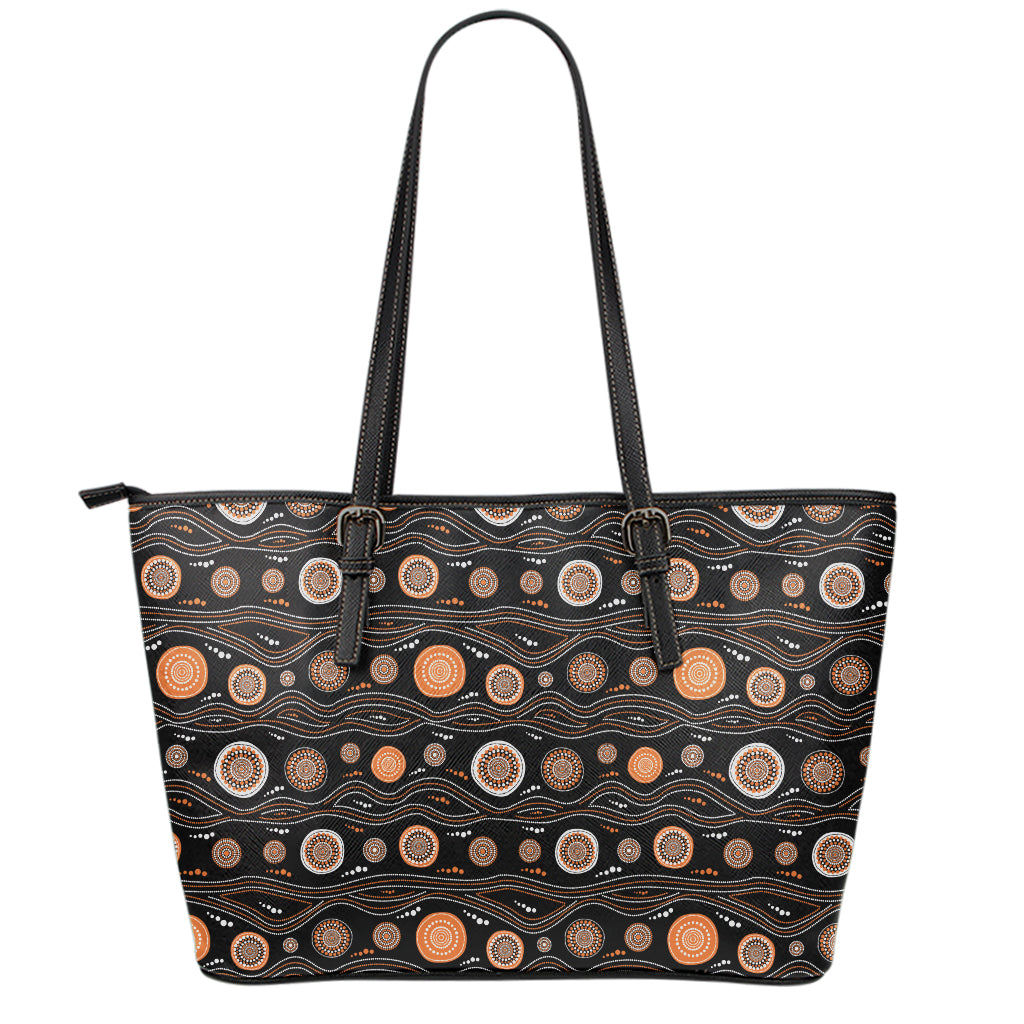 White And Orange Aboriginal Dot Print Leather Tote Bag