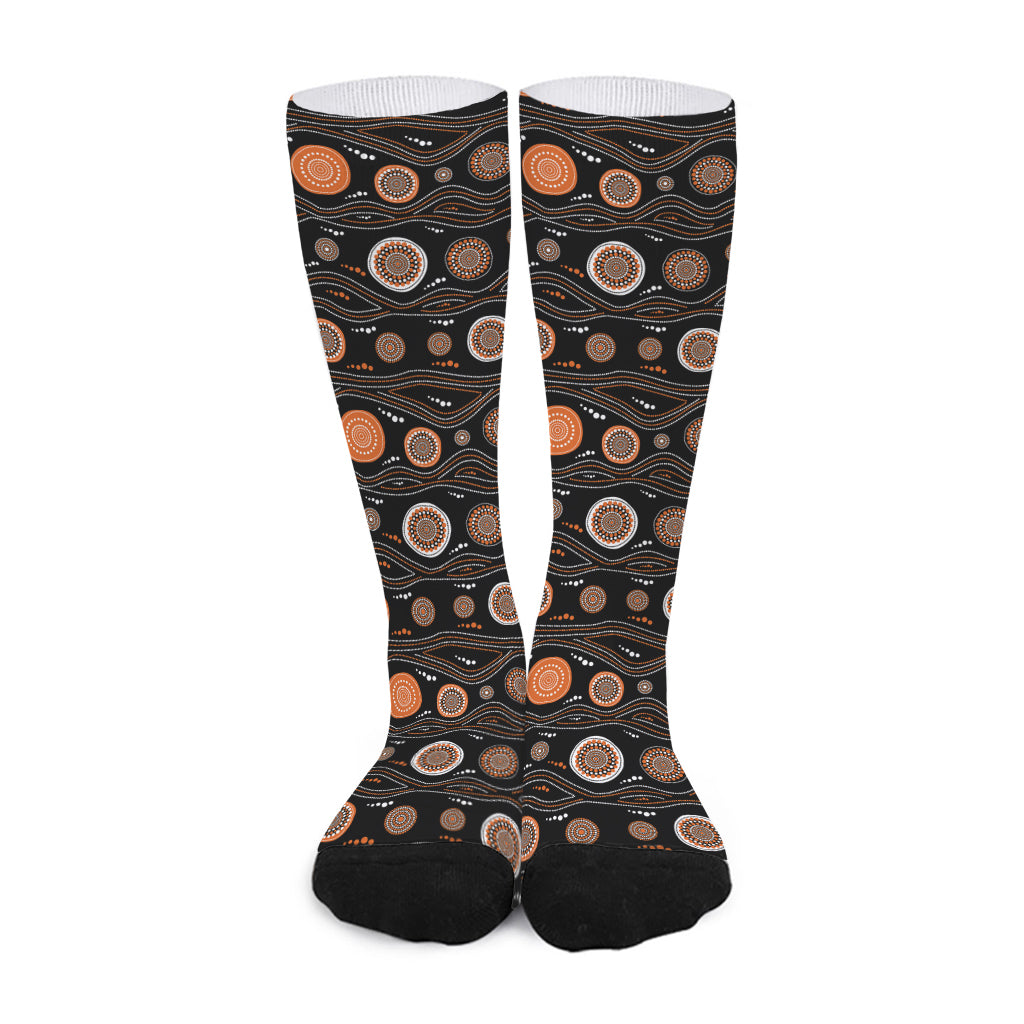 White And Orange Aboriginal Dot Print Long Socks