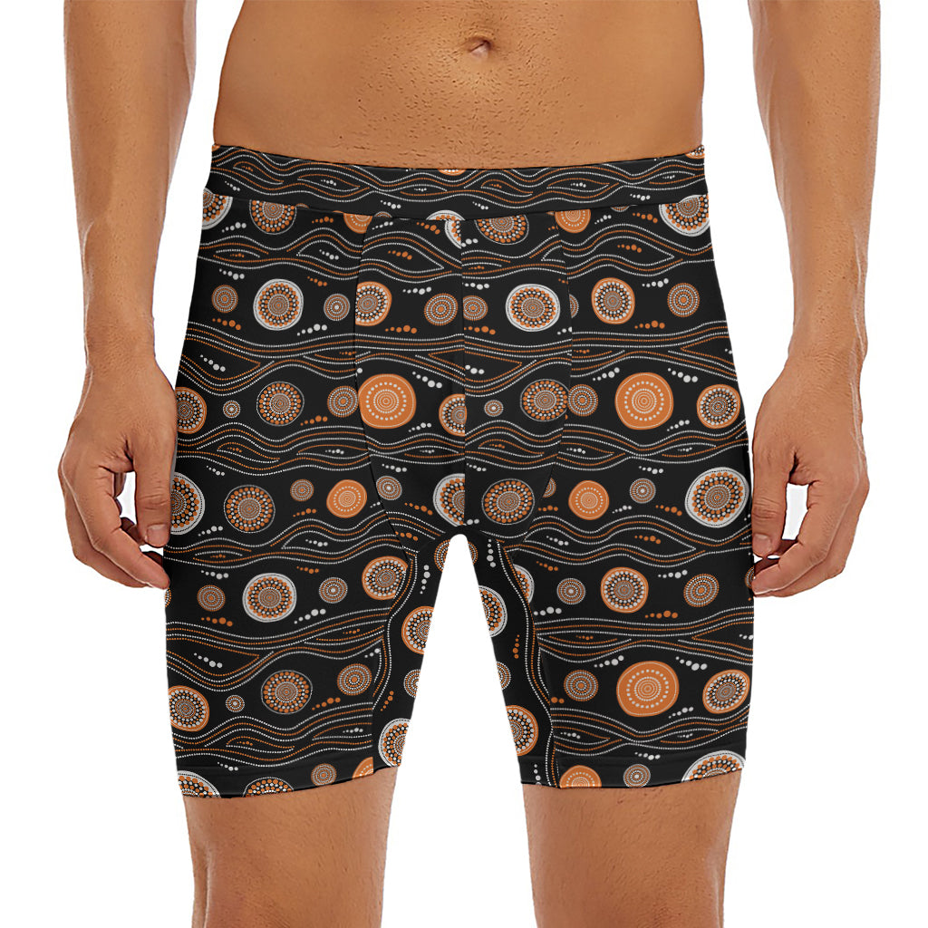 White And Orange Aboriginal Dot Print Men's Long Boxer Briefs