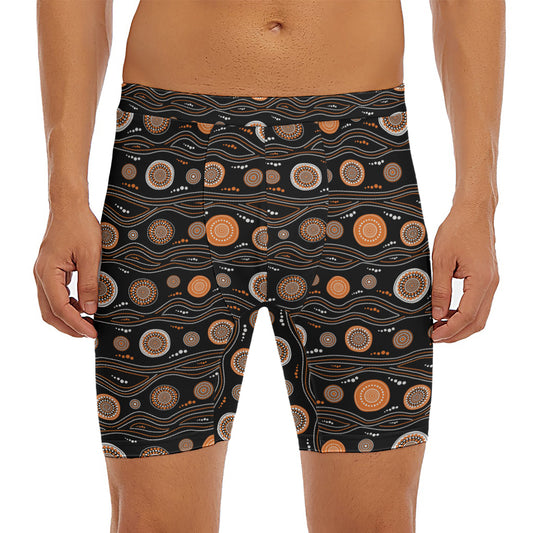 White And Orange Aboriginal Dot Print Men's Long Boxer Briefs