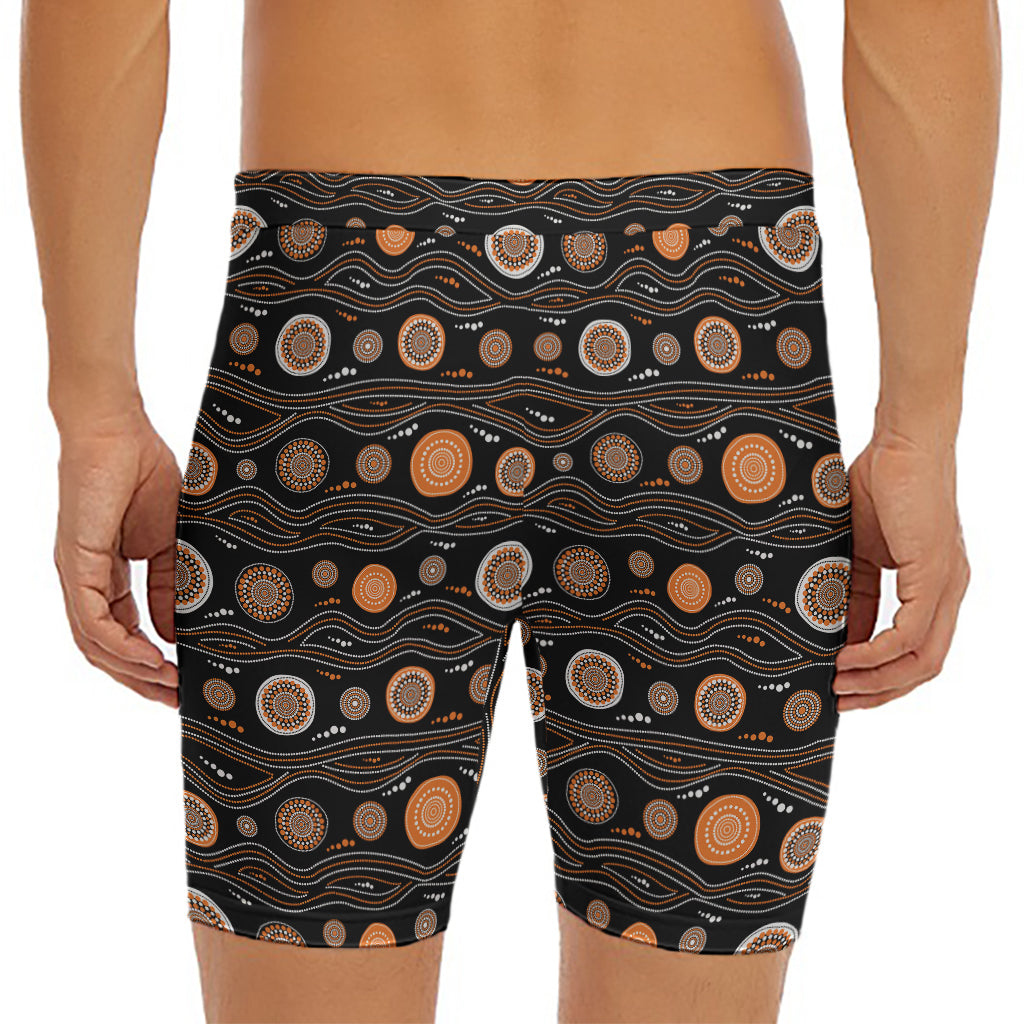 White And Orange Aboriginal Dot Print Men's Long Boxer Briefs