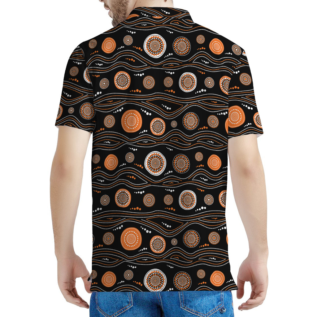 White And Orange Aboriginal Dot Print Men's Polo Shirt
