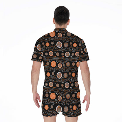 White And Orange Aboriginal Dot Print Men's Rompers