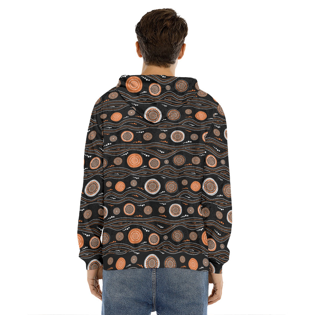 White And Orange Aboriginal Dot Print Men's Velvet Pullover Hoodie