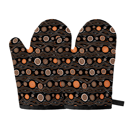 White And Orange Aboriginal Dot Print Oven Mitts