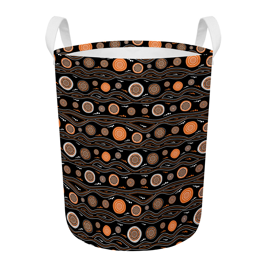 White And Orange Aboriginal Dot Print Round Laundry Basket