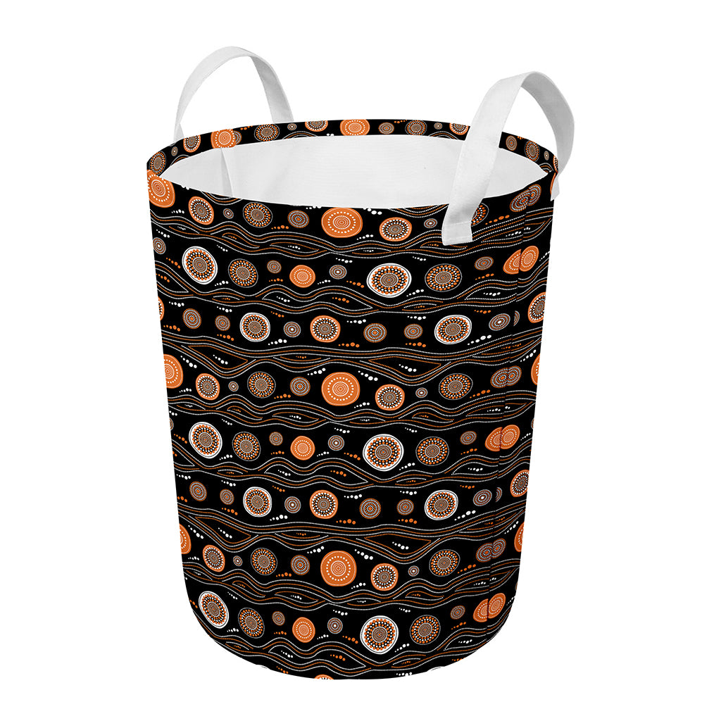 White And Orange Aboriginal Dot Print Round Laundry Basket