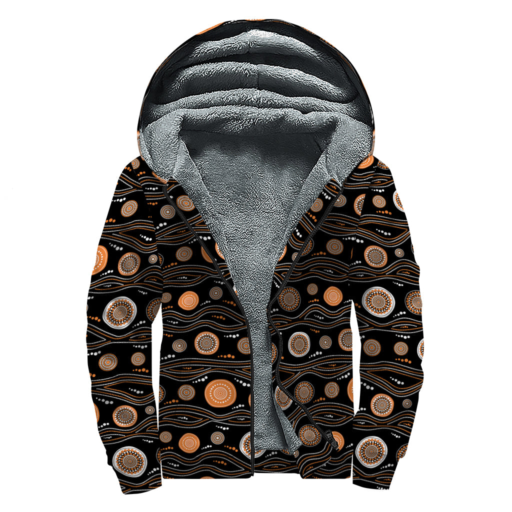 White And Orange Aboriginal Dot Print Sherpa Lined Zip Up Hoodie