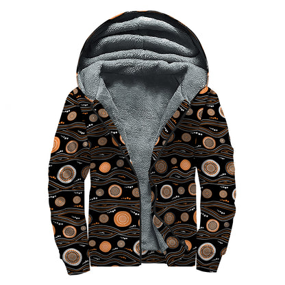 White And Orange Aboriginal Dot Print Sherpa Lined Zip Up Hoodie