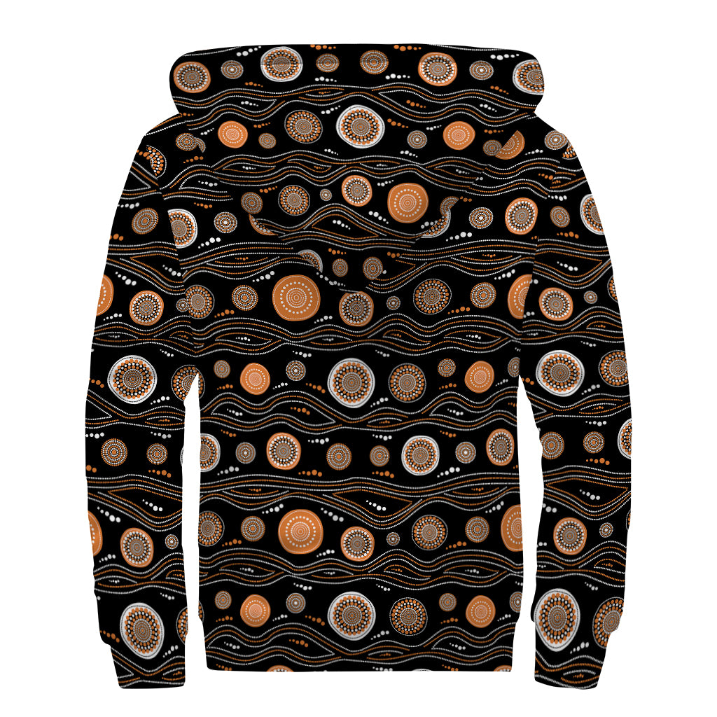 White And Orange Aboriginal Dot Print Sherpa Lined Zip Up Hoodie