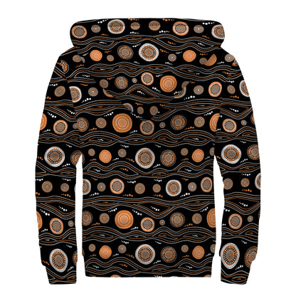 White And Orange Aboriginal Dot Print Sherpa Lined Zip Up Hoodie