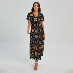 White And Orange Aboriginal Dot Print Short Sleeve Maxi Dress