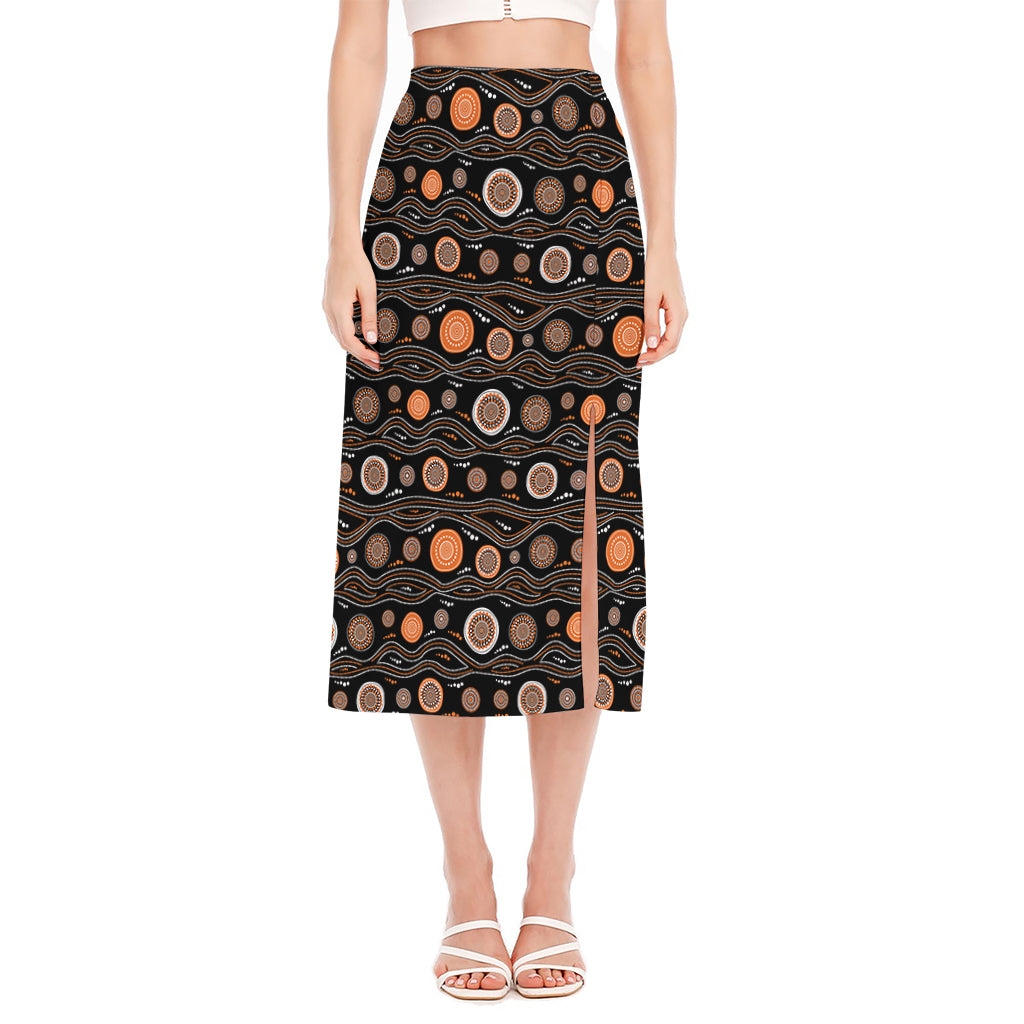 White And Orange Aboriginal Dot Print Side Slit Midi Skirt