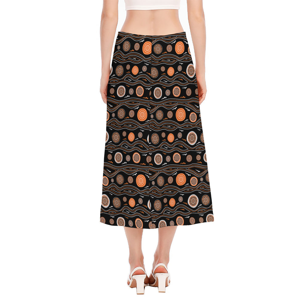 White And Orange Aboriginal Dot Print Side Slit Midi Skirt