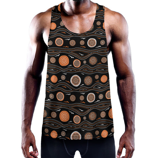 White And Orange Aboriginal Dot Print Training Tank Top