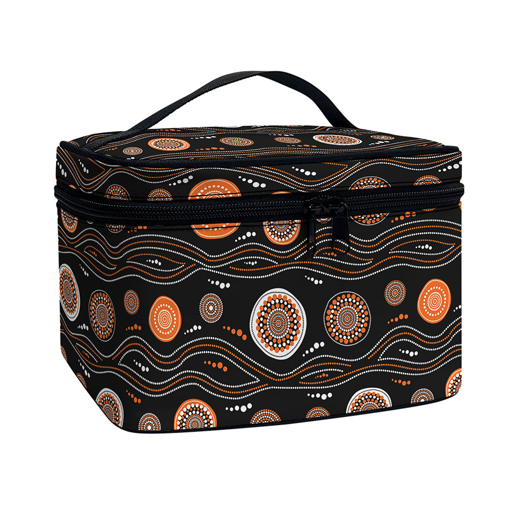 White And Orange Aboriginal Dot Print Travel Makeup Bag