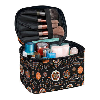 White And Orange Aboriginal Dot Print Travel Makeup Bag