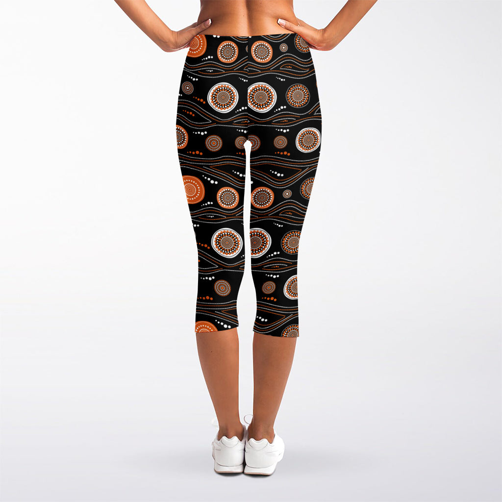 White And Orange Aboriginal Dot Print Women's Capri Leggings