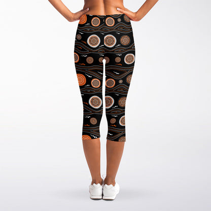 White And Orange Aboriginal Dot Print Women's Capri Leggings