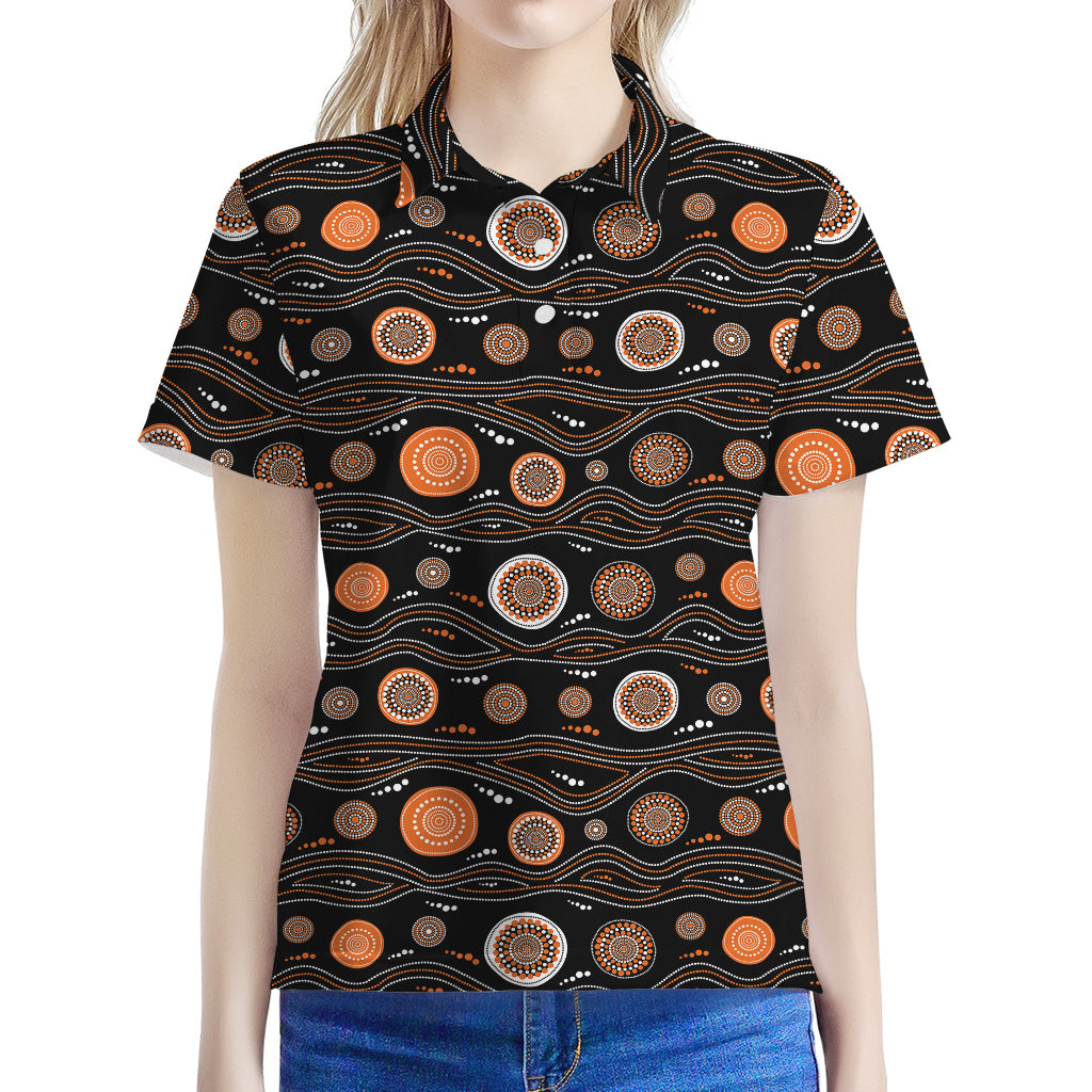 White And Orange Aboriginal Dot Print Women's Polo Shirt