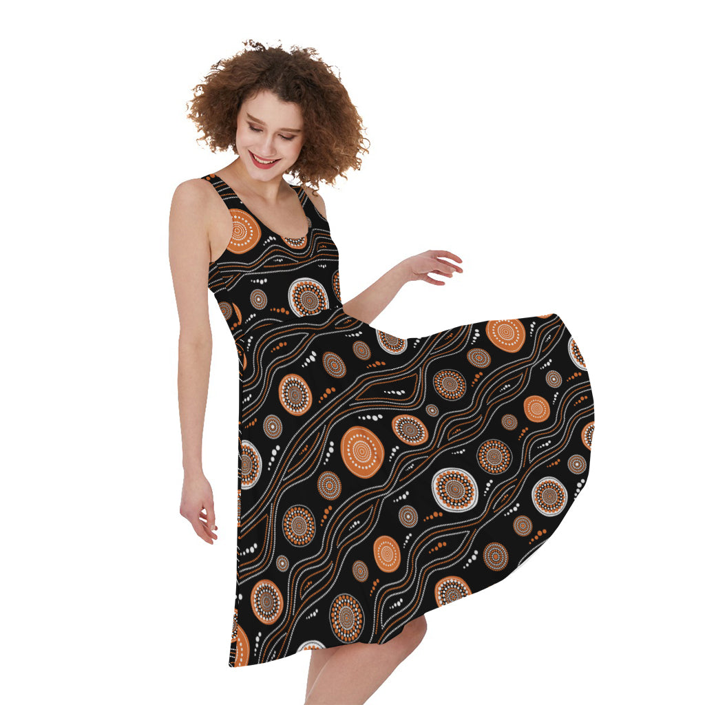 White And Orange Aboriginal Dot Print Women's Sleeveless Dress