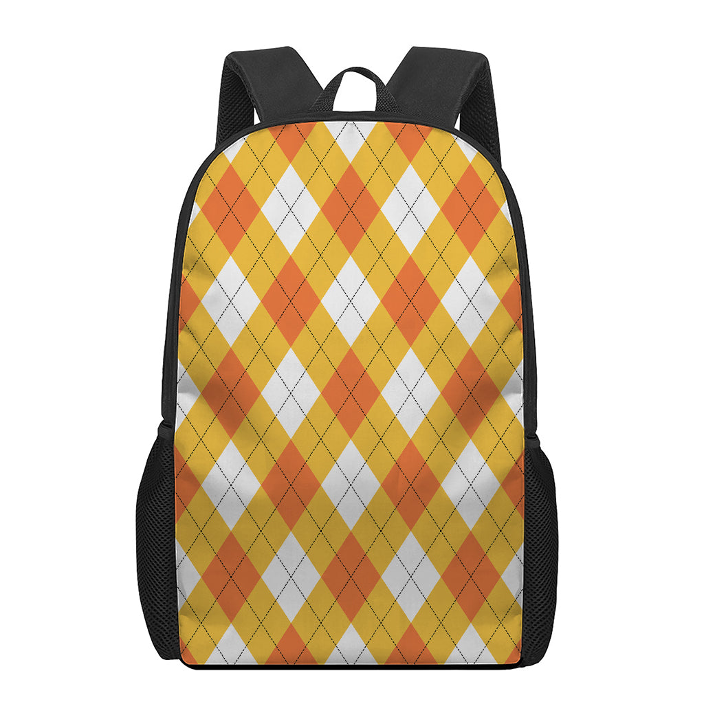 White And Orange Argyle Pattern Print 17 Inch Backpack