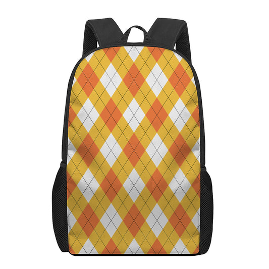 White And Orange Argyle Pattern Print 17 Inch Backpack
