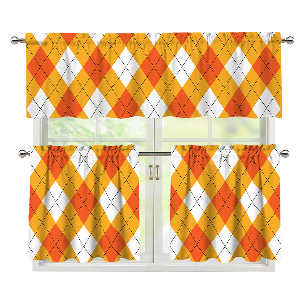 White And Orange Argyle Pattern Print 3 Piece Kitchen Curtains