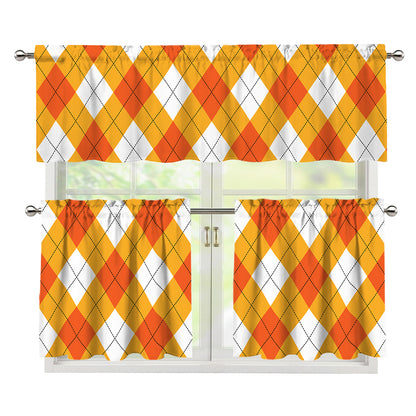 White And Orange Argyle Pattern Print 3 Piece Kitchen Curtains