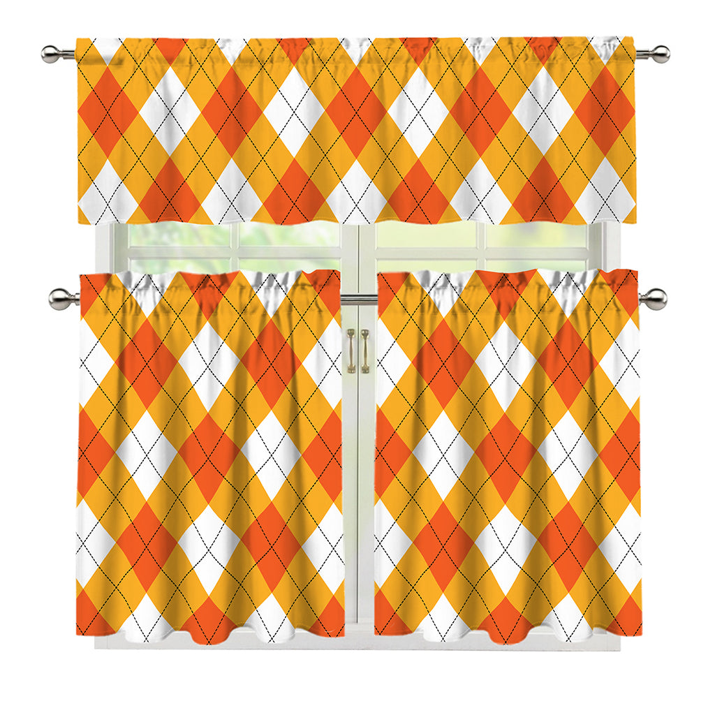 White And Orange Argyle Pattern Print 3 Piece Kitchen Curtains