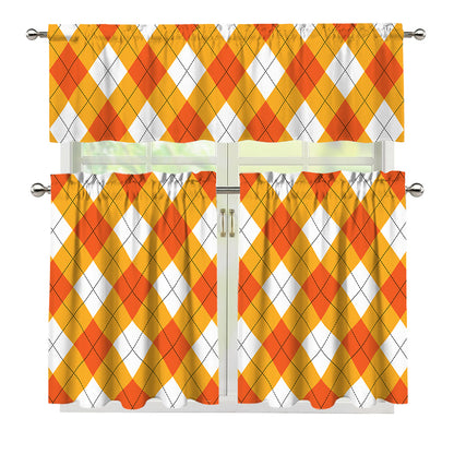 White And Orange Argyle Pattern Print 3 Piece Kitchen Curtains