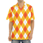 White And Orange Argyle Pattern Print Aloha Shirt