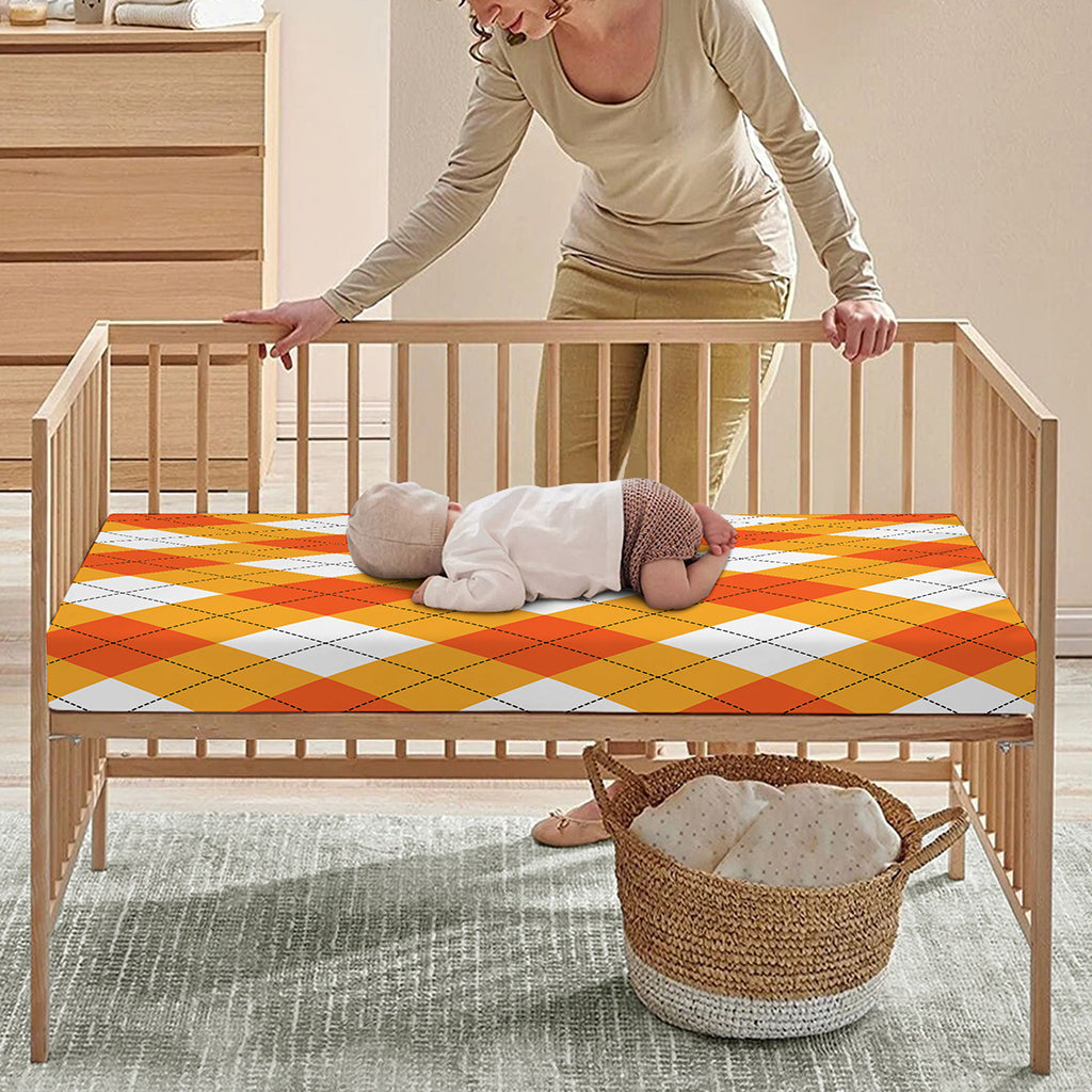 White And Orange Argyle Pattern Print Baby Crib Sheet