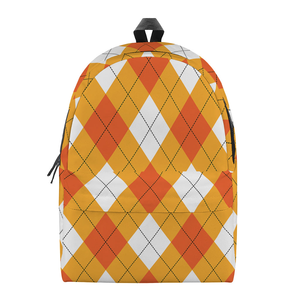 White And Orange Argyle Pattern Print Backpack