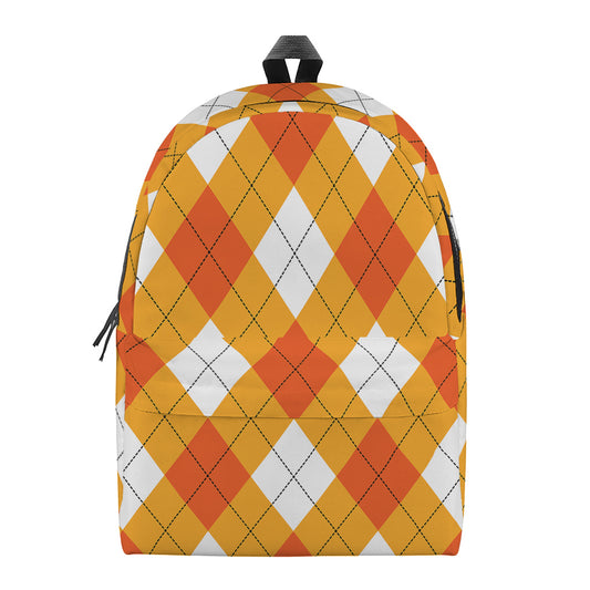 White And Orange Argyle Pattern Print Backpack