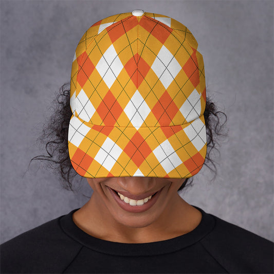 White And Orange Argyle Pattern Print Baseball Cap