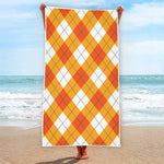 White And Orange Argyle Pattern Print Beach Towel