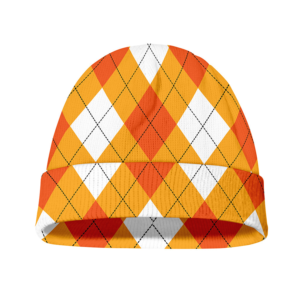 White And Orange Argyle Pattern Print Beanie