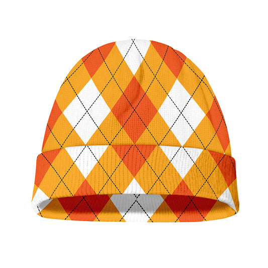 White And Orange Argyle Pattern Print Beanie