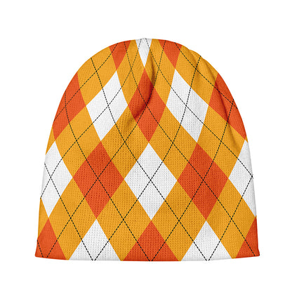 White And Orange Argyle Pattern Print Beanie