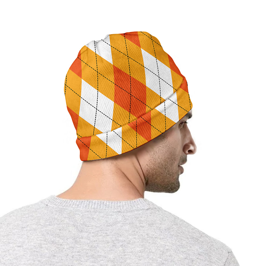 White And Orange Argyle Pattern Print Beanie