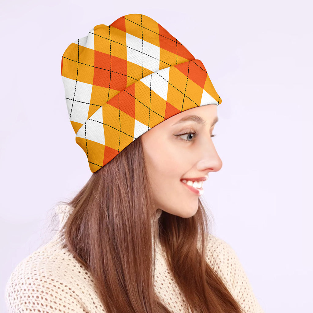 White And Orange Argyle Pattern Print Beanie