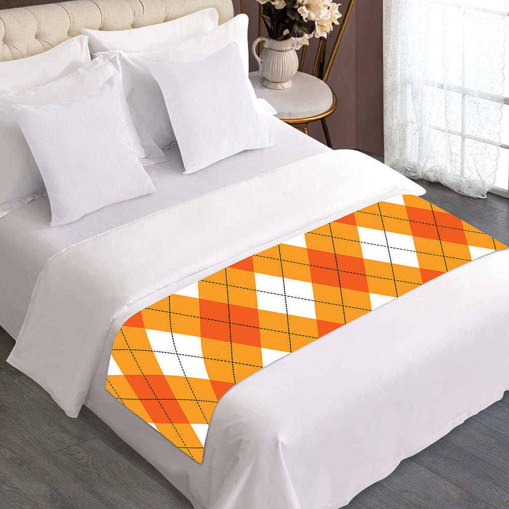 White And Orange Argyle Pattern Print Bed Runner