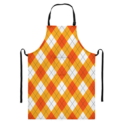 White And Orange Argyle Pattern Print Bib Apron With Pocket