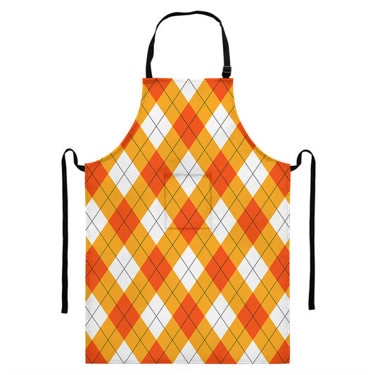 White And Orange Argyle Pattern Print Bib Apron With Pocket