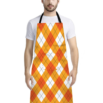 White And Orange Argyle Pattern Print Bib Apron With Pocket