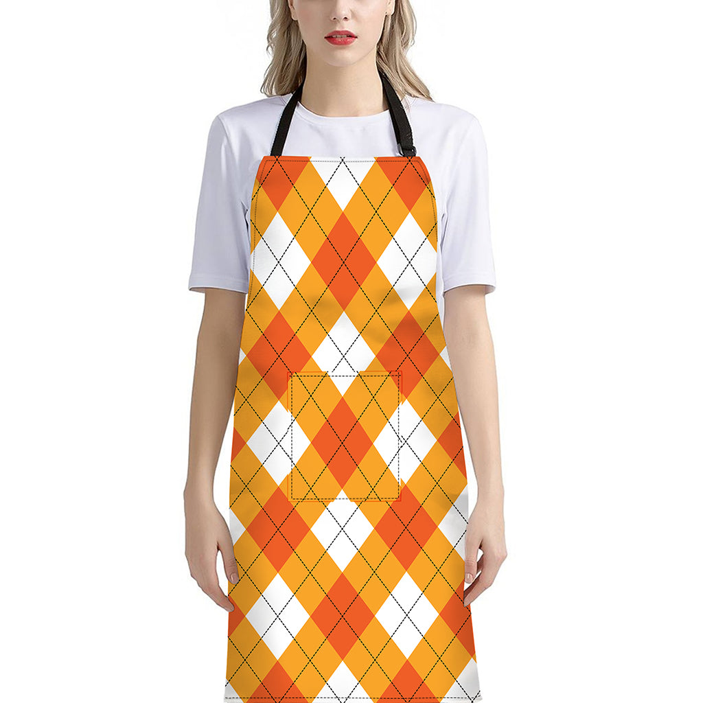 White And Orange Argyle Pattern Print Bib Apron With Pocket