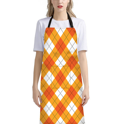 White And Orange Argyle Pattern Print Bib Apron With Pocket