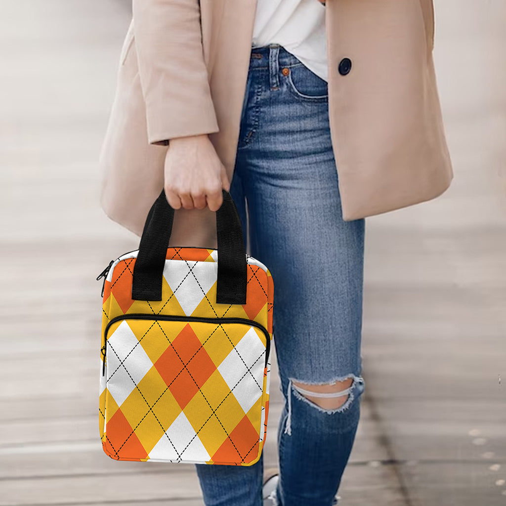 White And Orange Argyle Pattern Print Bible Tote Bag