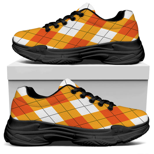 White And Orange Argyle Pattern Print Black Chunky Shoes